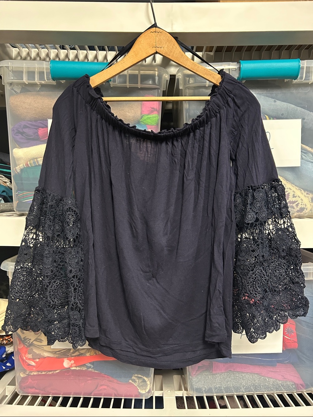 Women's Navy Off-Shoulder Lace Doily Bell Sleeve Tee Shirt Top